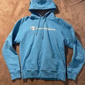 Champion Hoodie Mens Medium Sweatshirt Crew Fleece Pullover Spellout Ocean Blue